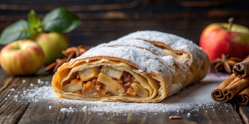 Ein köstlicher Apfelstrudel mit Zuckerpulver sitzt auf einer rustikalen Holzfläche neben frischen Äpfeln und aromatischen vektor abbildung