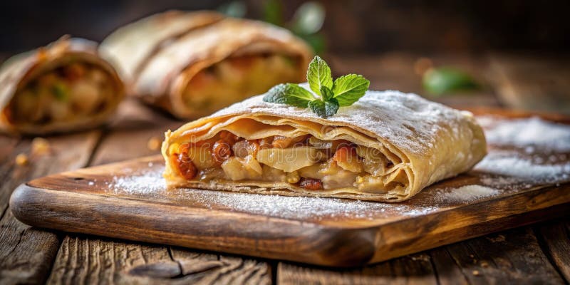 Ein köstlicher Apfelstrudel mit Zuckerpulver und mit Minze geschmückt, liegt auf einem rustikalen Holzbrett. vektor abbildung