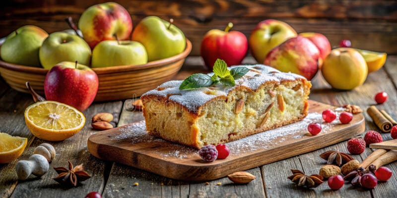 Ein köstlicher, hausgemachter Apfelkuchen mit Zuckerpulver, der auf einem rustikalen Holzbrett mit frischen Äpfeln serviert wird lizenzfreie abbildung