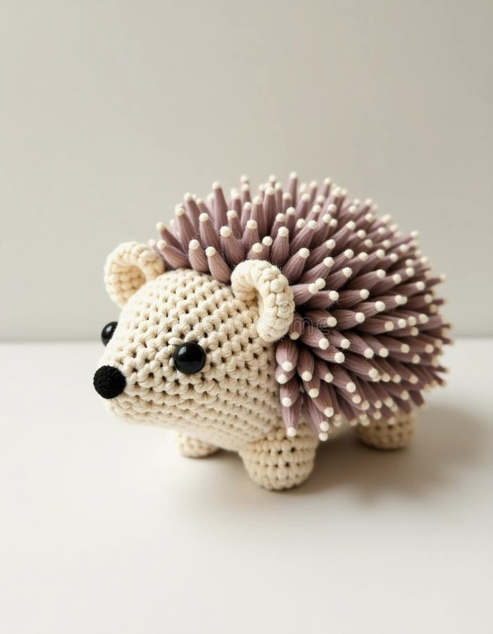 Ein köstlicher Spielzeughedgehog, der aus weichem Garn gefertigt wurde, zeigt eine Mischung aus Creme und mutierten Lavendeltönen. stock abbildung