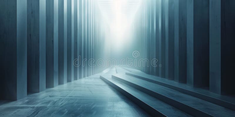 Ein langer Flur mit Stufen am Ende, die zu einem hellen Licht führen, das ein Gefühl von Tiefe und Perspektive schafft lizenzfreies stockbild