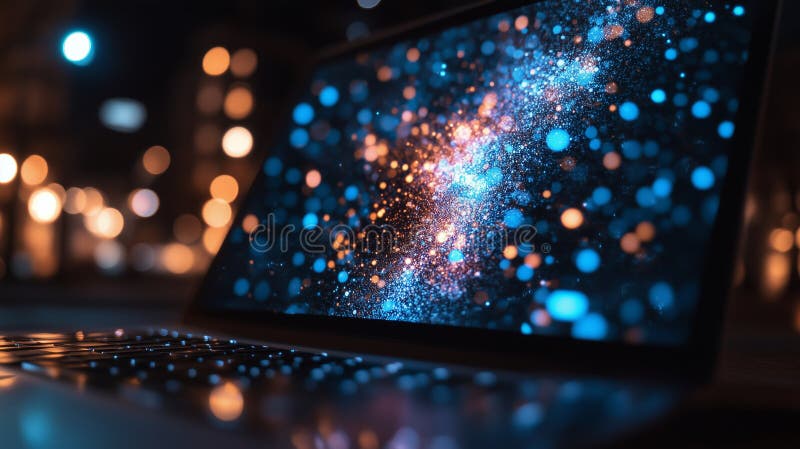 Ein Laptop mit dynamischer kosmischer Energie lizenzfreies stockfoto