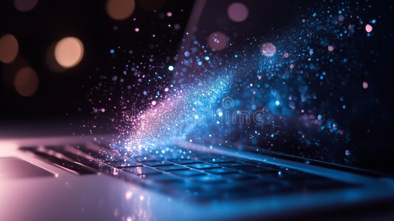 Ein Laptop mit dynamischer kosmischer Energie lizenzfreie stockfotos