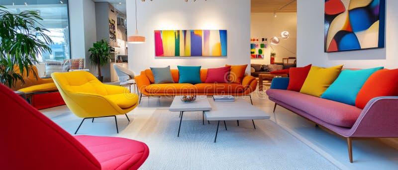 Ein lebendiger Wohnraum mit farbenfrohen Sofas und Sesseln schafft eine fröhliche und moderne Atmosphäre. Der Raum ist gut beleuch stock abbildung