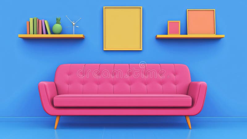 Ein lebendiges rosa Sofa setzt sich gegen eine helle blaue Wand, flankiert von Regalen mit farbenfrohen Büchern und Kunst. Der Rau vektor abbildung