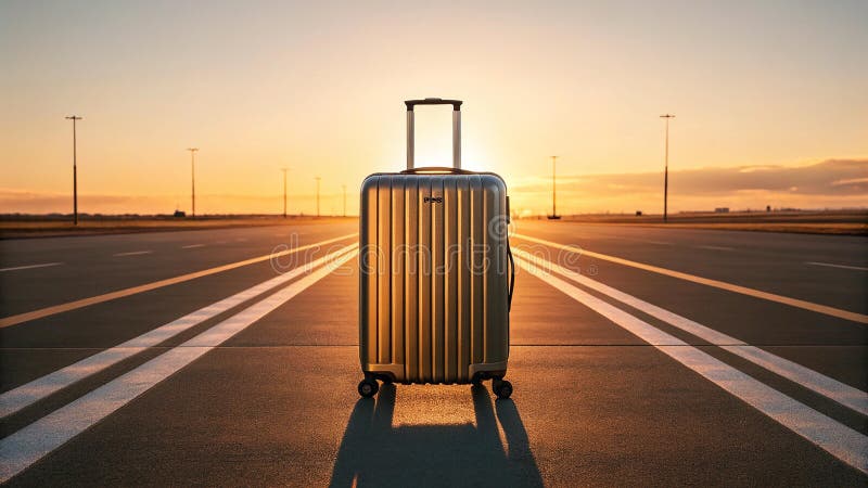 Ein lebhafter gelber Koffer steht auf einer leeren Start- und Landebahn bei Sonnenuntergang vektor abbildung