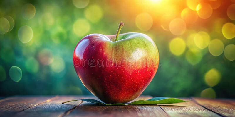 Ein lebhafter roter Apfel sitzt auf einem rustikalen Holztisch mit weichem grünem Bukett. Generative AI lizenzfreie abbildung