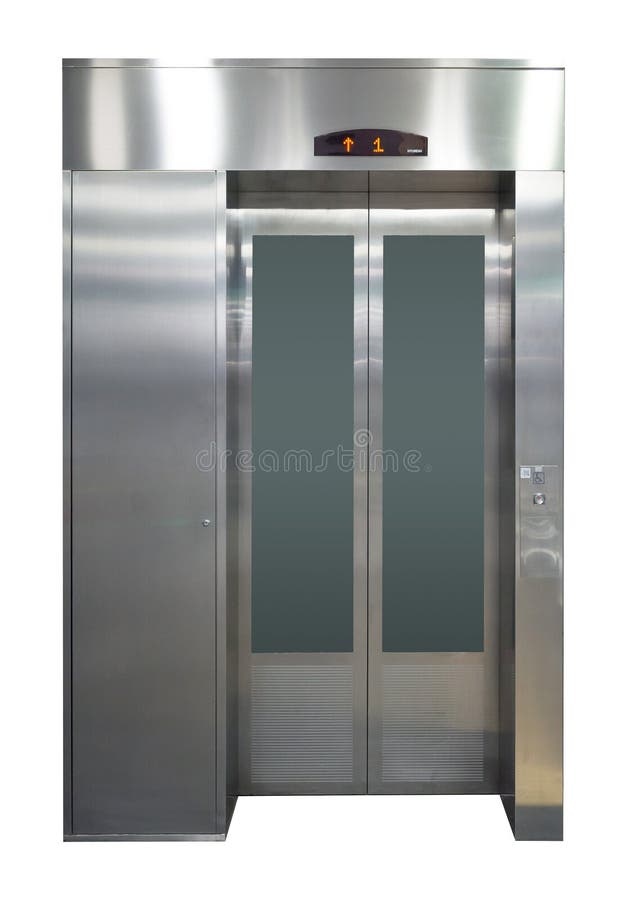 Ein leerer moderner Aufzug oder Fahrstuhl mit Metalltüren isoliert lizenzfreie stockfotografie