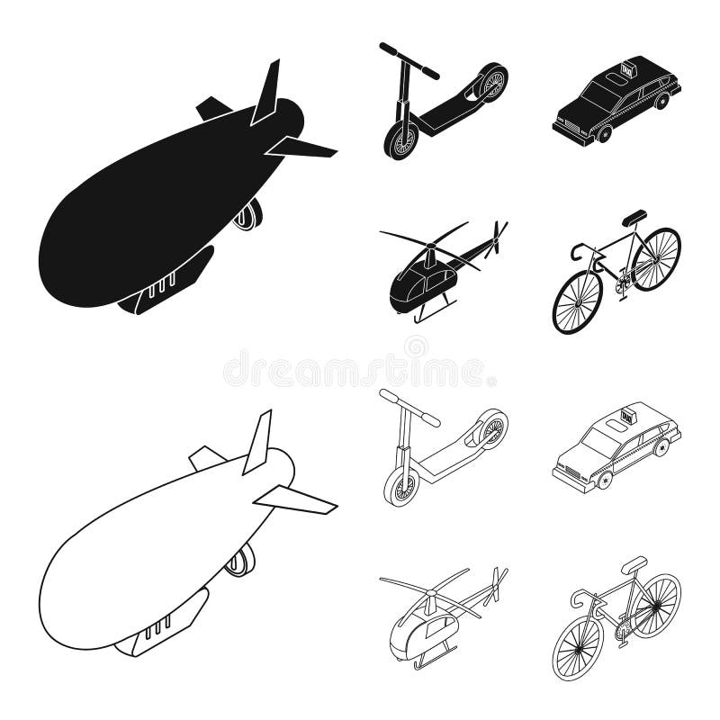 Ein lenkbares, ein Kinderroller, ein Taxi, ein Hubschrauber Gesetzte Sammlungsikonen des Transportes im Schwarzen, Entwurfsartvek vektor abbildung Ein lenkbares, ein Kinderroller, ein Taxi, ein Hubschrauber Gesetzte Sammlungsikonen des Transportes im Schwarzen, Entwurfsartvek vektor abbildung