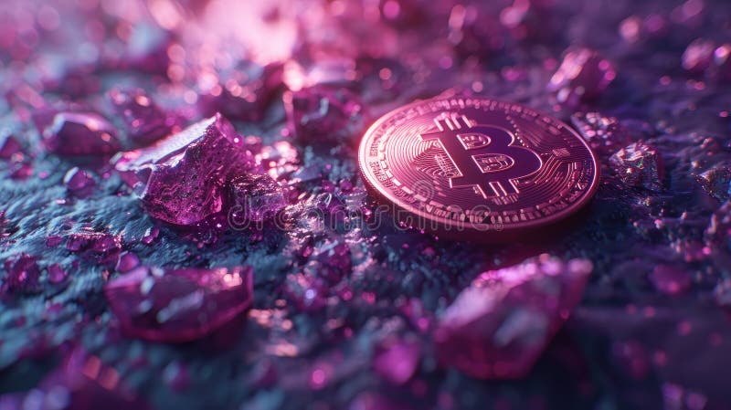 Ein leuchtendes rosa und violettes Bitcoin auf einem Bett glitzernder rosa Kristalle lizenzfreie abbildung