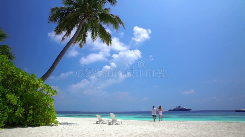 Ein liebevolles Paar, das Ferien auf dem tropischen Strand genießt Langsame Bewegung