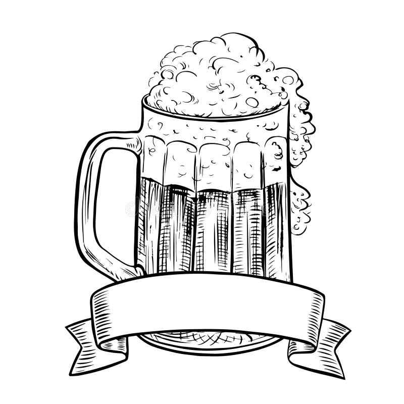 Ein Liter Bierkrug mit einem Etikett für die Aufschrift aus Glas. Schwarzweißgrafik. handgezeichnetes Design lizenzfreie abbildung