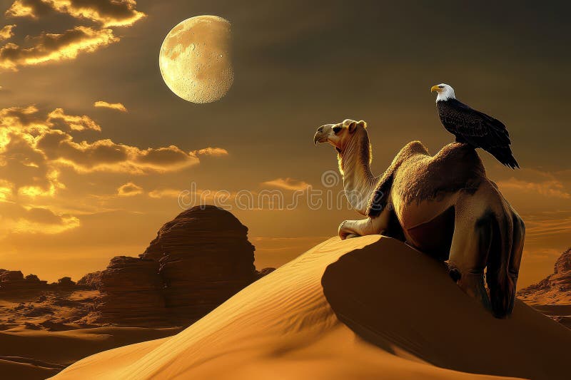 Ein majestätisches Kamel ruht auf goldenen Sanddünen unter einem glühenden Mond, während ein Adler die ruhige Wüstenlandschaft erk lizenzfreie abbildung