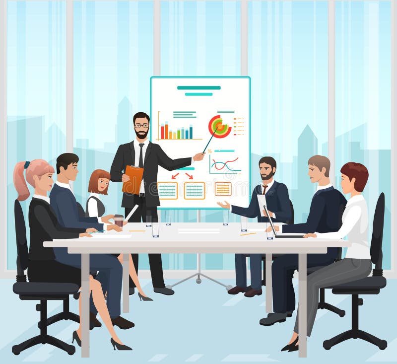 Ein Managergeschäftsmann, der die Darstellung während der Sitzung in der Bürovektorillustration führt lizenzfreie abbildung