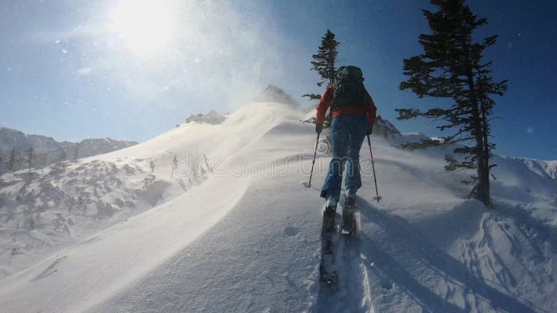 Ein Mann auf Skier in den Bergen in einem starken Schneesturm steigt nach oben. Abenteuerfreiheitsherausforderung. Element in den