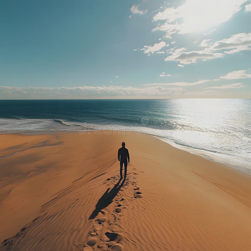 Ein Mann steht am Strand auf dem Sand und blickt auf den wunderschönen Blick auf das Meer und den Himmel stock abbildung