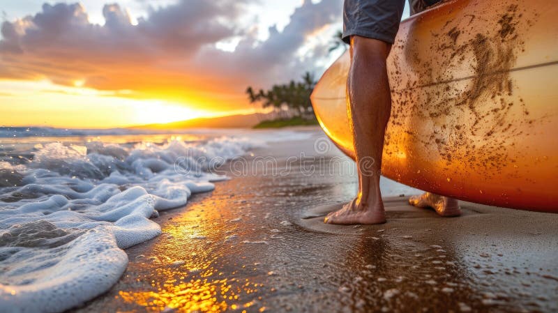 A man is standing on the beach holding a surfboard. The sky is orange and the water is calm AI generated. A man is standing on the beach holding a surfboard. The sky is orange and the water is calm AI generated