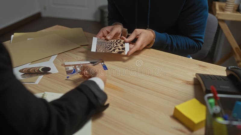 Ein Mann übergibt während einer Untersuchung in einem geklatschten Büro ein Foto, während die Frau Inspektorin Beweise überprüft lizenzfreies stockbild