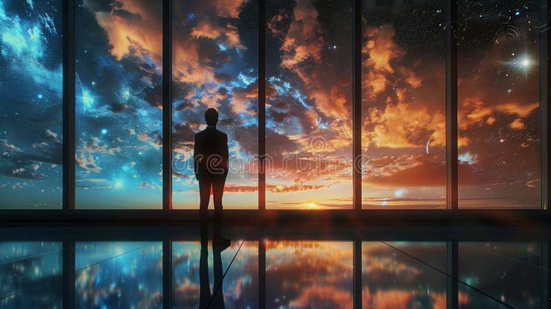 A human diplomat stands in front of a large window looking out at a mesmerizing view of space. The reflection of their figure is captured . . AI generated. A human diplomat stands in front of a large window looking out at a mesmerizing view of space. The reflection of their figure is captured . . AI generated