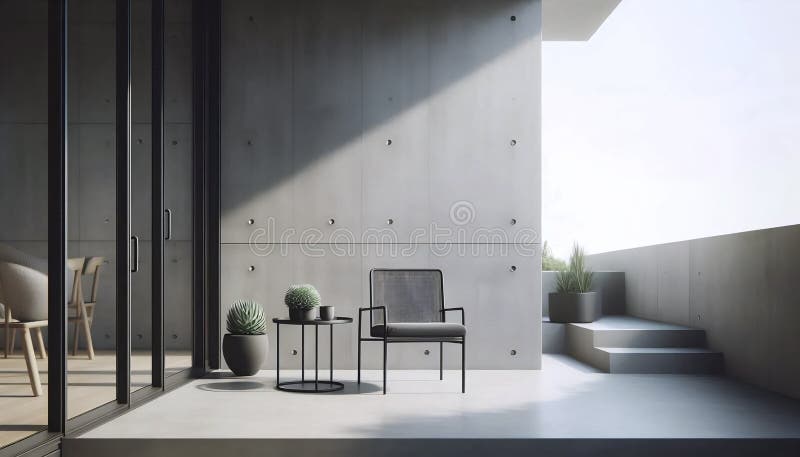 Ein minimalistischer Außenterrasse mit schwarzem Metallstuhl, einem kleinen Beistelltisch und einem einzigen Töpfchen succulent Ai stockfoto