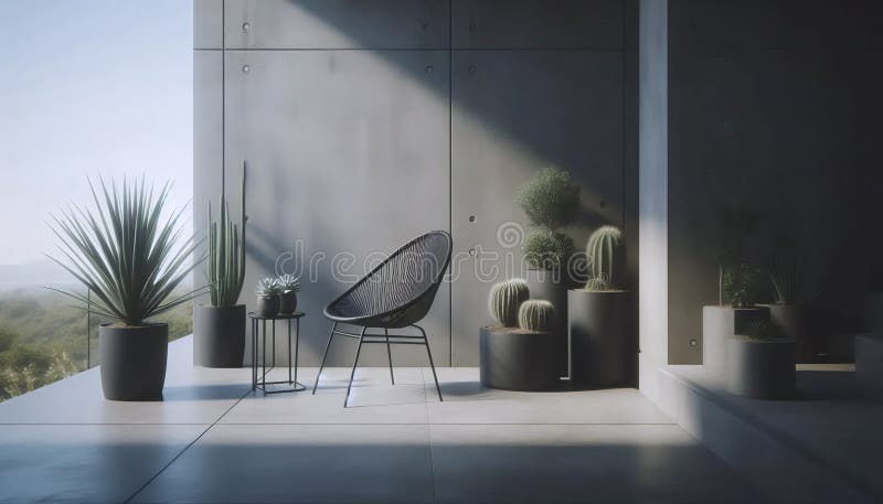 Ein minimalistischer Außenterrasse mit schwarzem Metallstuhl, einem kleinen Beistelltisch und einem einzigen Töpfchen succulent Ai stockfotos