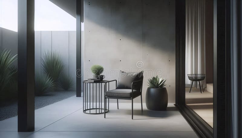 Ein minimalistischer Außenterrasse mit schwarzem Metallstuhl, einem kleinen Beistelltisch und einem einzigen Töpfchen succulent Ai lizenzfreies stockfoto