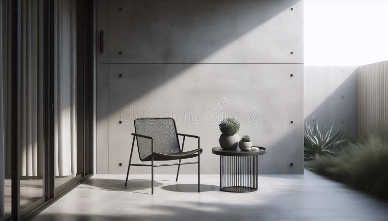 Ein minimalistischer Außenterrasse mit schwarzem Metallstuhl, einem kleinen Beistelltisch und einem einzigen Töpfchen succulent Ai lizenzfreie stockfotografie
