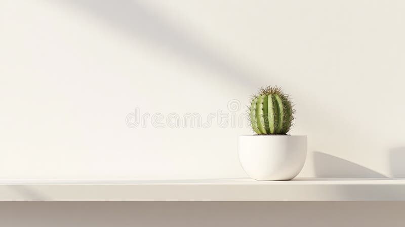 Ein minimalistischer Pflanzenstand mit einem einzigen Topfkaktus in einer Ebene lizenzfreie stockfotos