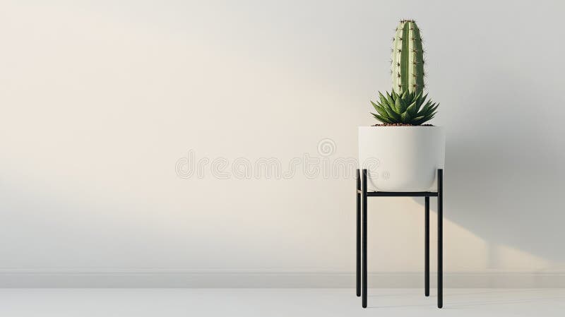 Ein minimalistischer Pflanzenstand mit einem einzigen Topfkaktus in einer Ebene stockfotografie