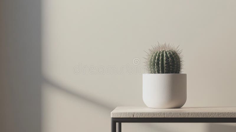 Ein minimalistischer Pflanzenstand mit einem einzigen Topfkaktus in einer Ebene lizenzfreies stockbild