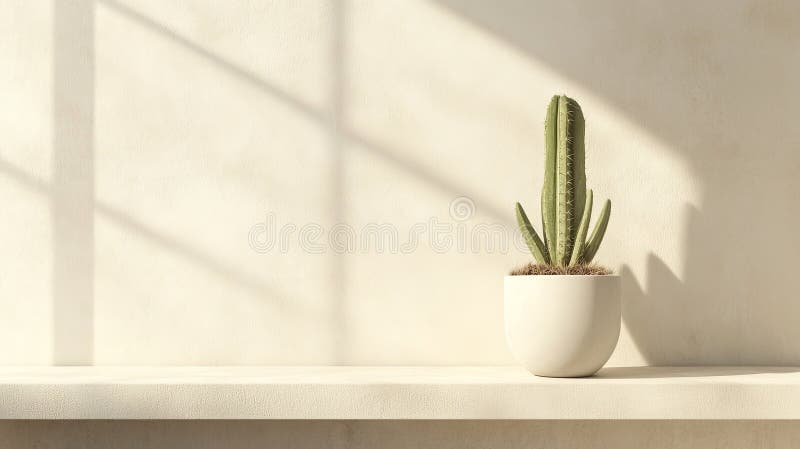 Ein minimalistischer Pflanzenstand mit einem einzigen Topfkaktus in einer Ebene stockfoto