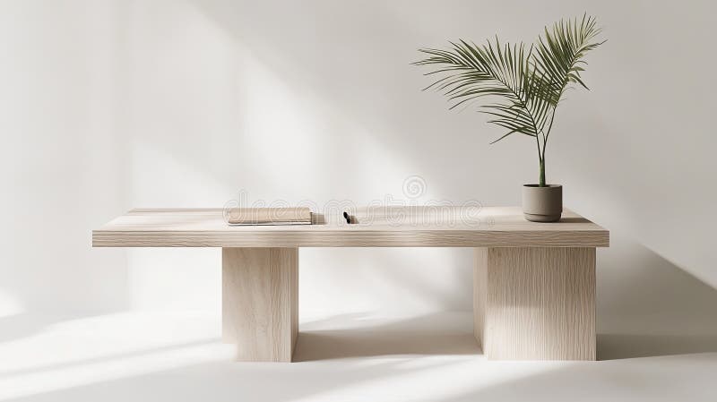 Ein minimalistischer Schreibtisch mit einer Topfpflanze und einem lizenzfreie stockfotos