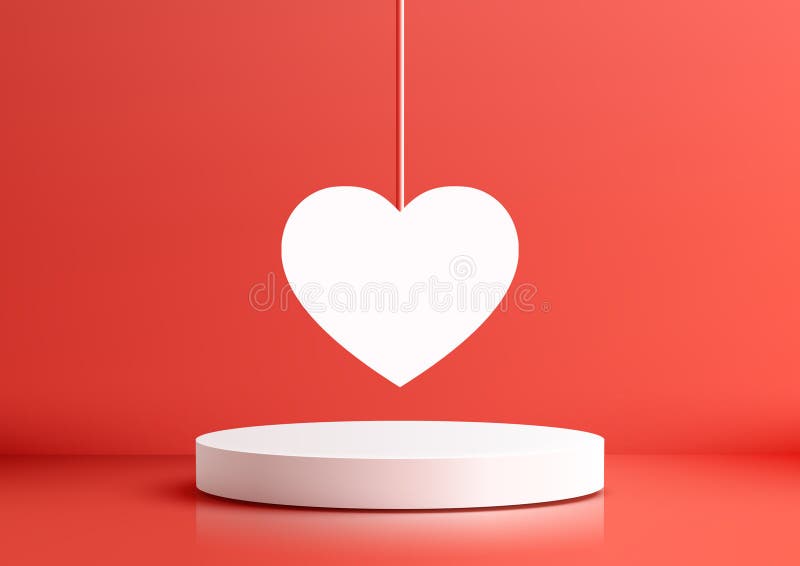 Ein minimalistisches weißes Herz über 3D zylindrischer Plattform auf einer glänzend roten reflektierenden Oberfläche romantische T vektor abbildung