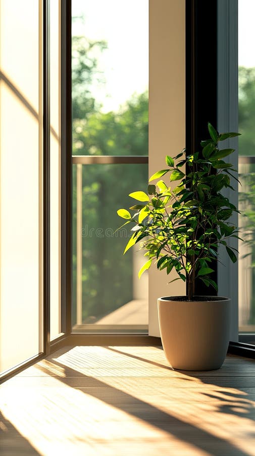 Ein moderner Balkon mit einer Topfpflanze und sanfter Frühlingssonne stockbilder