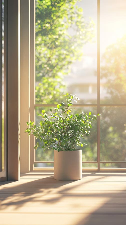 Ein moderner Balkon mit einer Topfpflanze und sanfter Frühlingssonne stockfoto