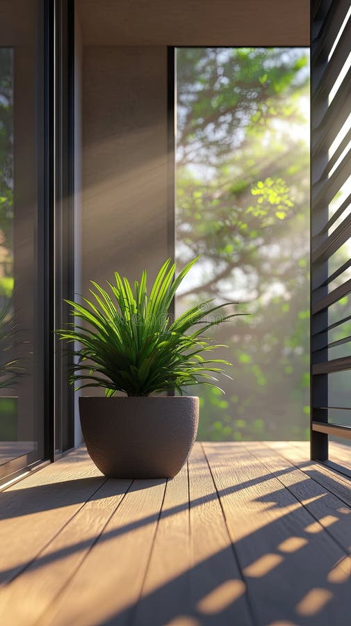 Ein moderner Balkon mit einer Topfpflanze und sanfter Frühlingssonne stockbild