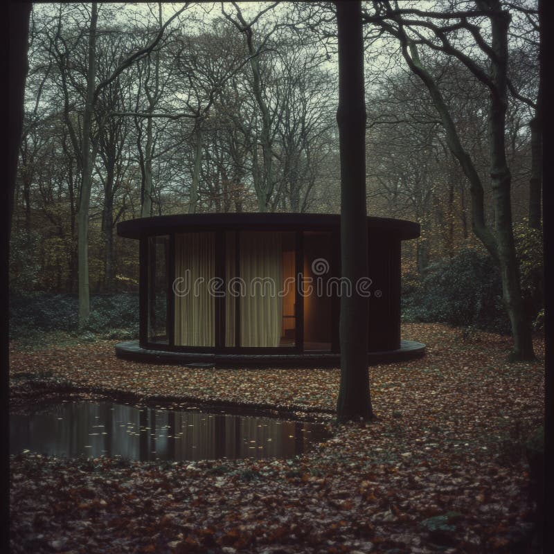 Ein modernes gewölbtes Haus mit großen Fenstern, die nach dunklen Spiegeln in einem nahen Teich glänzen lizenzfreie stockfotografie