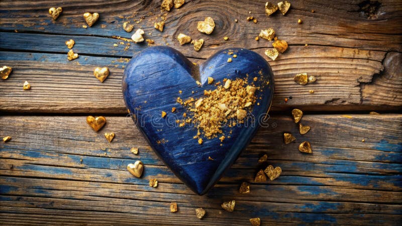 Ein mystisches blaues Herz aus vergoldetem Holz und wertvollen Nuggets kreieren eine faszinierende rustikale Szene lizenzfreie abbildung