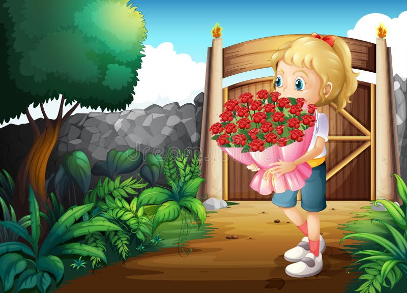 Ein Mädchen innerhalb des Tors, das einen Blumenstrauß von Blumen hält vektor abbildung Ein Mädchen innerhalb des Tors, das einen Blumenstrauß von Blumen hält vektor abbildung