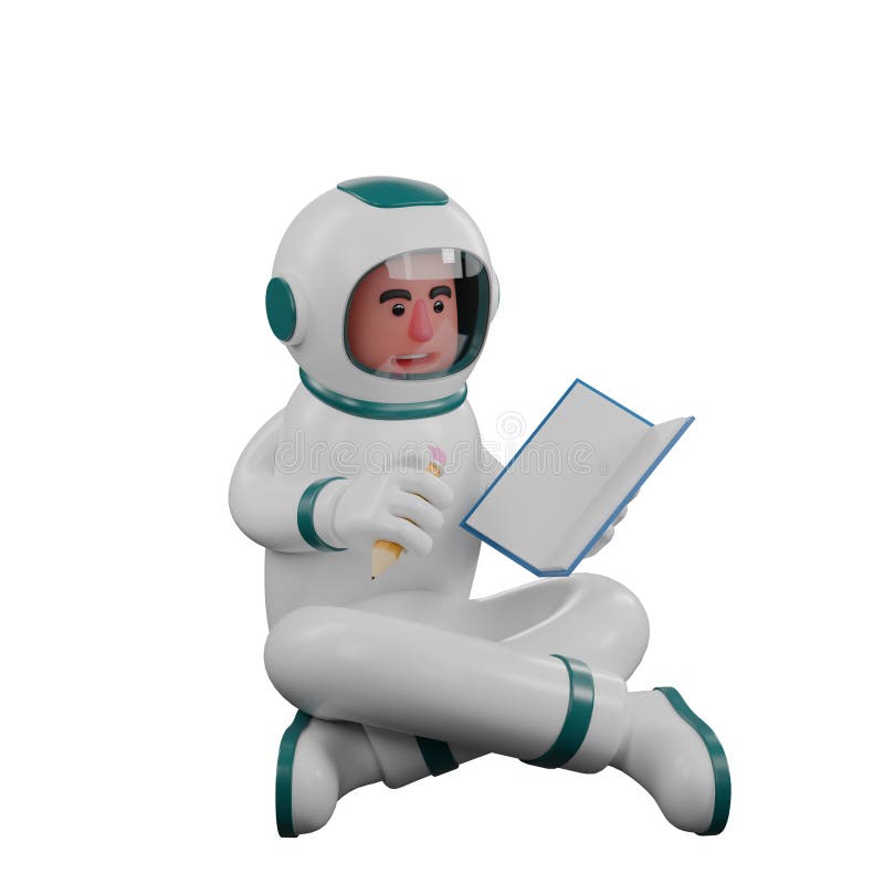 Ein männlicher Astronaut sitzt auf dem Boden und hält ein Buch in der linken Hand und einen Bleistift in der rechten Hand stock abbildung