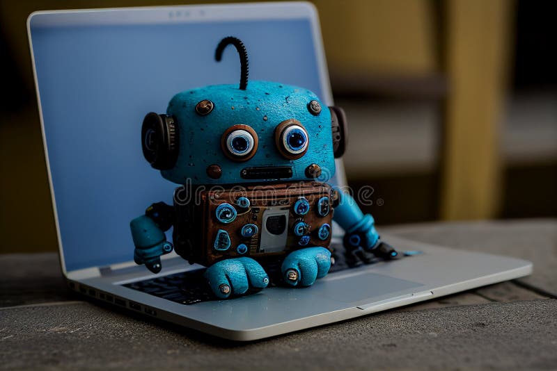 Ein niedlicher Spielzeugroboter, der auf einem Laptop sitzt. generative Hilfe. Konzept der künstlichen Intelligenz.