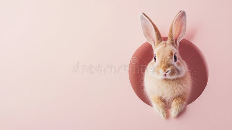 Ein niedliches Kaninchen schaut sich neugierig aus einem runden rosa Licht vor einem weichen pastellfarbenen Hintergrund hervor, d lizenzfreie stockbilder