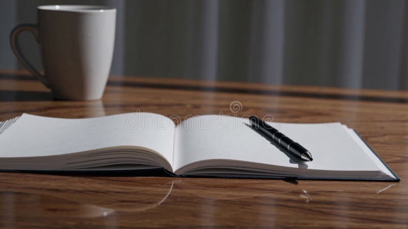 Ein offenes Notebook liegt mit glatten weißen Seiten, schwarzer Stift darauf und weißer Schleim im Hintergrund stock video