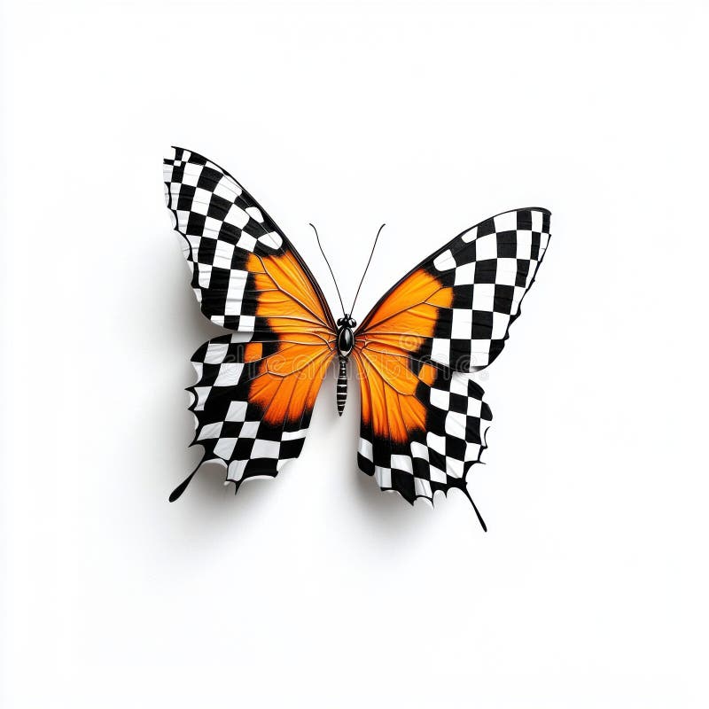 Ein orangefarbener Schmetterling zeigt schwarz-weiß karierte Flügel vor einer unberührten weißen Kulisse. lizenzfreie abbildung