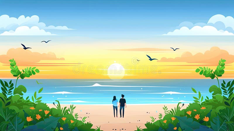 A couple is walking on a beach at sunset. The sky is orange and the water is calm. The beach is surrounded by lush greenery and there are birds flying in the background. The scene is peaceful AI generated. A couple is walking on a beach at sunset. The sky is orange and the water is calm. The beach is surrounded by lush greenery and there are birds flying in the background. The scene is peaceful AI generated