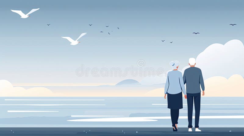 A couple is walking on a pier by the ocean. The sky is blue and there are birds flying in the background AI generated. A couple is walking on a pier by the ocean. The sky is blue and there are birds flying in the background AI generated