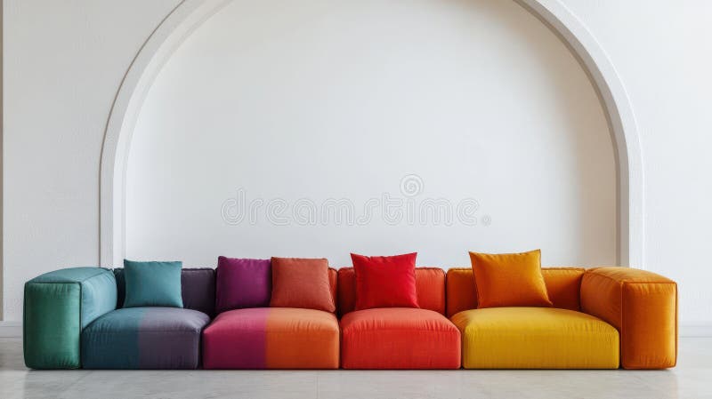 Ein RegenbogenFarbfarbiges modulares Sofa setzt sich gegen eine weiße, abgerundete Wand. Die hellen Farben und sauberen Linien sch lizenzfreie abbildung