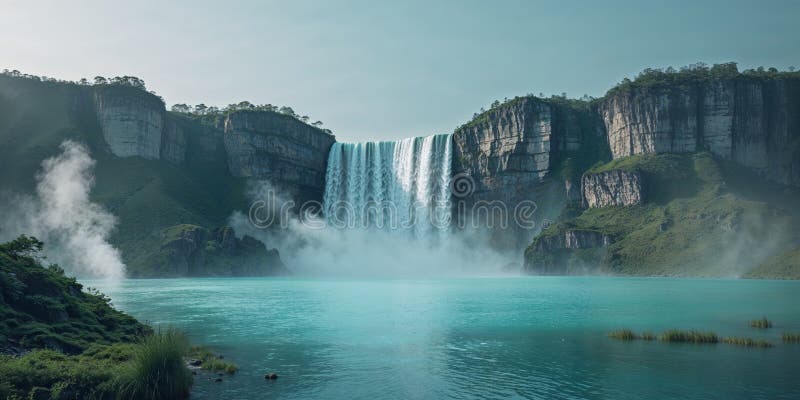 Ein riesiger Wasserfall führt zu einem großen türkisfarbenen Gewässer lizenzfreie stockbilder