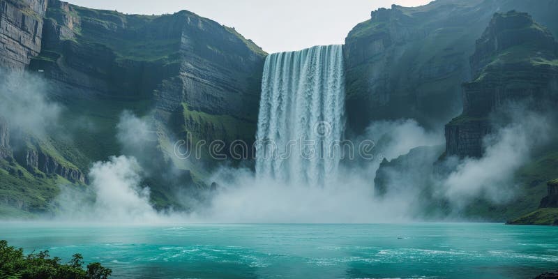 Ein riesiger Wasserfall führt zu einem großen türkisfarbenen Gewässer. stockfotos