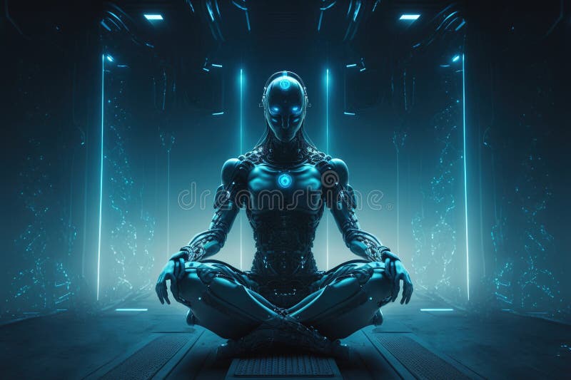 Ein Roboter, der in Lotus sitzt, stellt Yoga in modernem technologischem Hintergrund dar. vektor abbildung